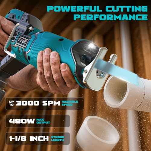 Image of Cordless Reciprocating Saw Compatible with Makita 18V Battery, 1-1 /8 inch Stroke Brushless Motor & Anti-Vibration Deliver Stable 3000 SPM, 2 Blades for Wood, Metal & PVC (Tool Only)