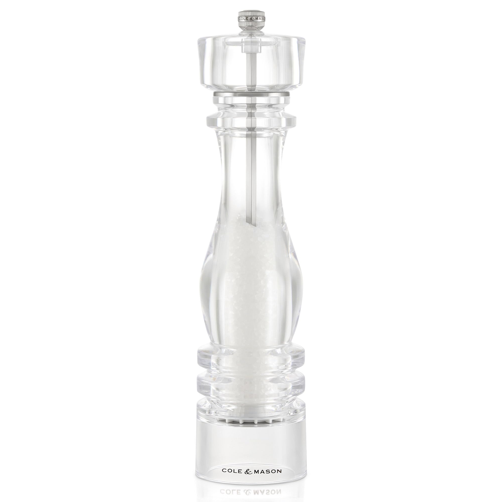 Cole & Mason Transparent London Acrylic Salt Mill, 30Cm Salt Grinder With Adjustable Grind, Non Corroding Ceramic Mechanism, Seasoning Mill, Lifetime Mechanism Guarantee