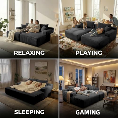Image of Sytopia Loveseat Chaise Lounge with Armrests, Oversized Sofa Bed with 4 Pillows, Cozy Boneless Sleeper, Modular Sectional Couch for Living Room Bedroom, Floor Chair Furniture sala Corduroy