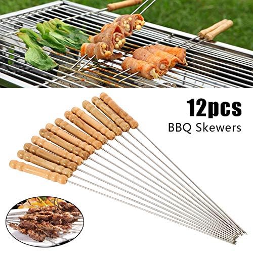 Image of 12 Inch Stainless Steel Barbeque Skewers Set Rounded /Square BBQ Sticks with Wooden Handle Reusable Metal Kabab Grill Tool for Outdoor Tandoor Kebab Grilling (Pack of 12)