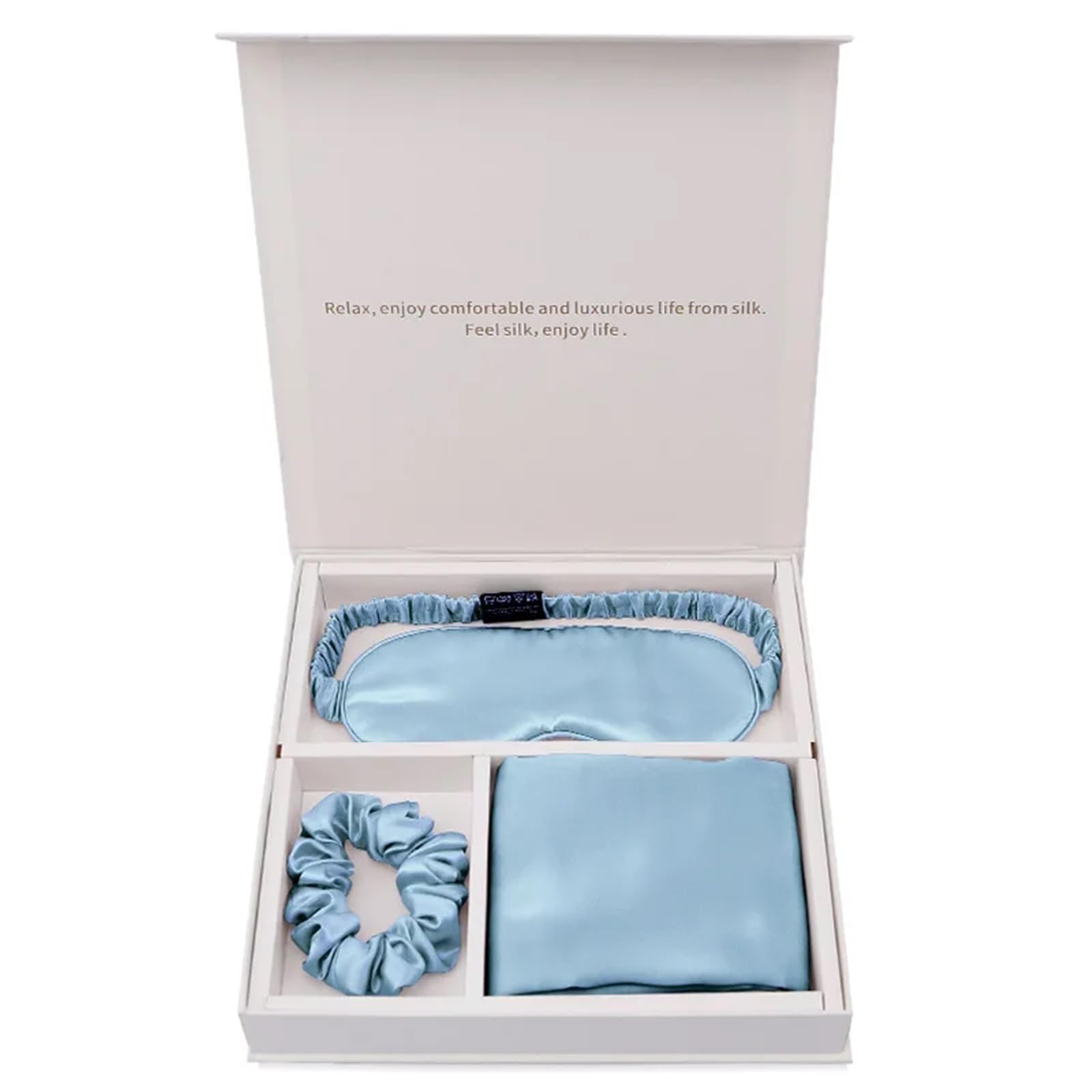 Mulberry Silk Pillowcase EyeMask Scrunchie 3PCS Set For Travel 19 Momme(BLUE)