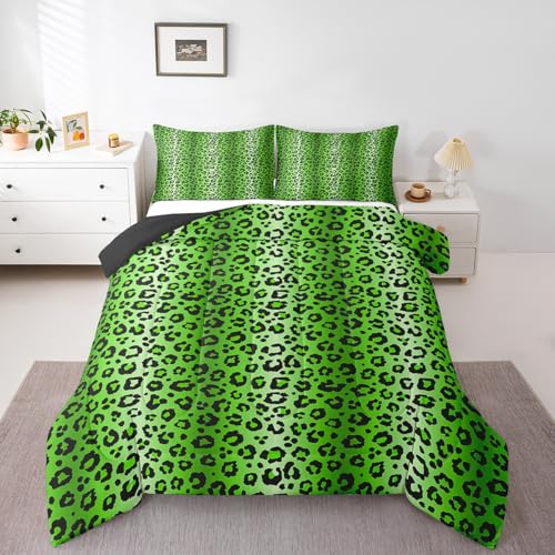Image of Feelyou Leopard Bedding Set Toddler Size Green and Black Comforter Set for Teens Cheetah Stripes Print Comforter Safari Animal Fur Print Duvet Set Adult Microfiber Bed Set