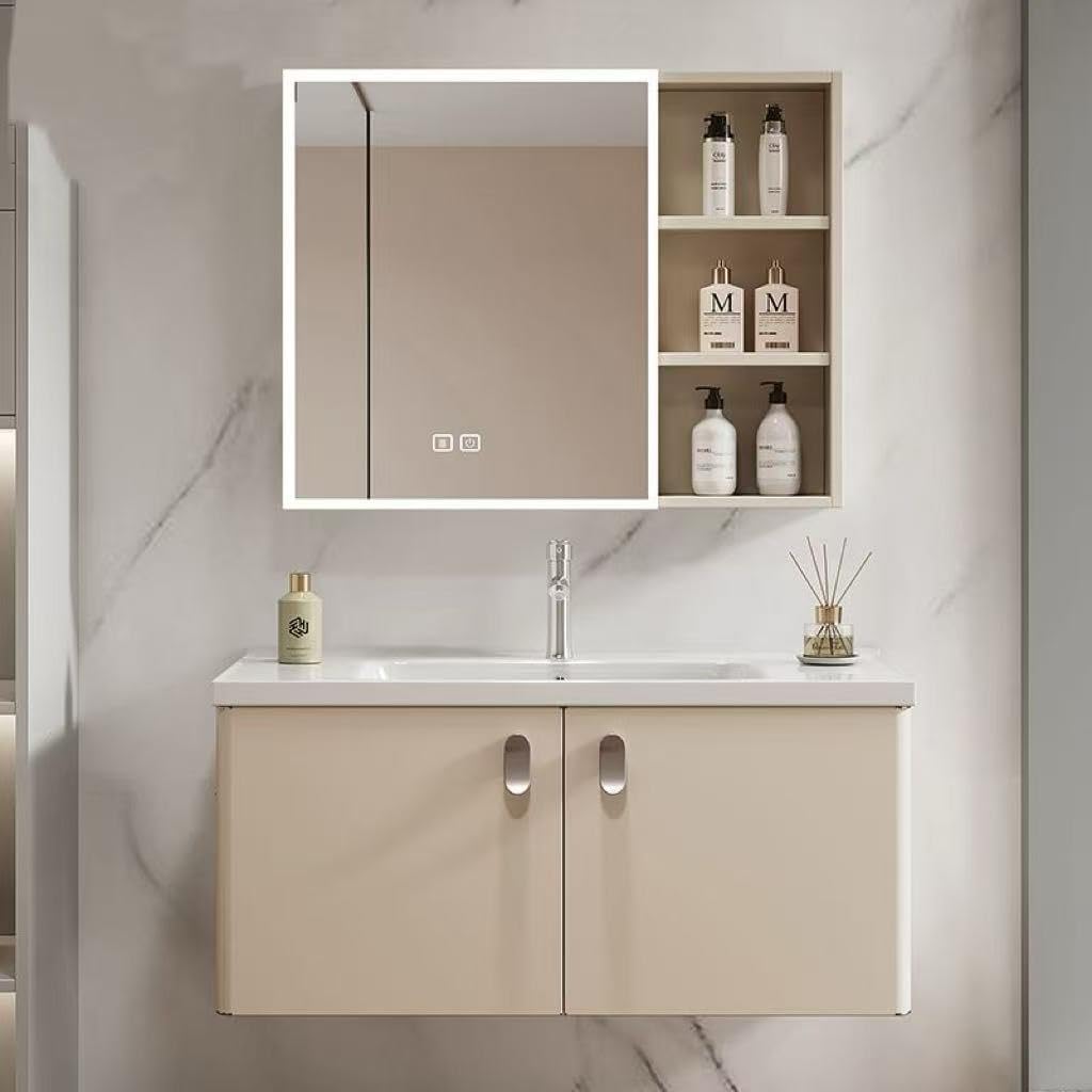 60cm Floating Bathroom Vanity with Sink, Modern Wall Mounted Bathroom Cabinet with Integrated Ceramic Sink & Soft Close Doors, Space-Saving Bathroom Vanity Set for Small Bathrooms (Cream, 24 Inch)