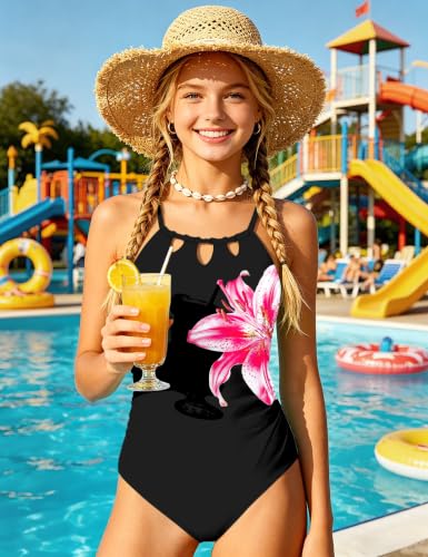 Image of KANGKANG Girls Swimsuit Quick Dry Cut Out One Piece Swimsuits with Tropical Print Cover Up Skirt Bathing Suit Swimwear 7-18Y