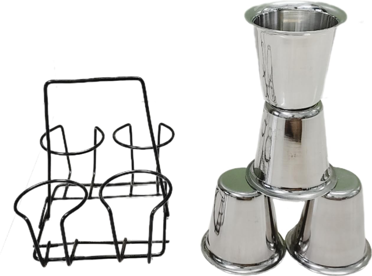 Cutting Tea Chai Cup Glasses Stand Holder Set for Decoration and Delivery, Black, Pack of 1 (Stand with 4 Steel Glasses)