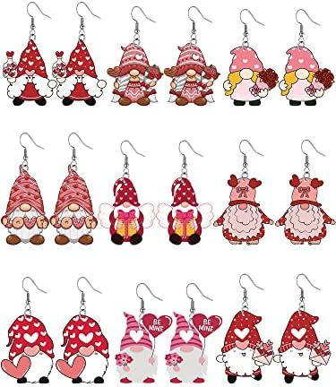9 Pairs Valentine's Day Acrylic Earrings Heart Gnome Teardrop Dangle Earrings Lightweight Gnome Earrings for Women Girls Jewelry Gift, 9 Styles