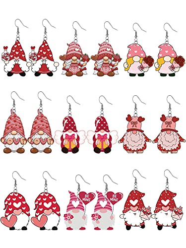 9 Pairs Valentine's Day Acrylic Earrings Heart Gnome Teardrop Dangle Earrings Lightweight Gnome Earrings For Women Girls Jewelry Gift, 9 Styles #TOP19