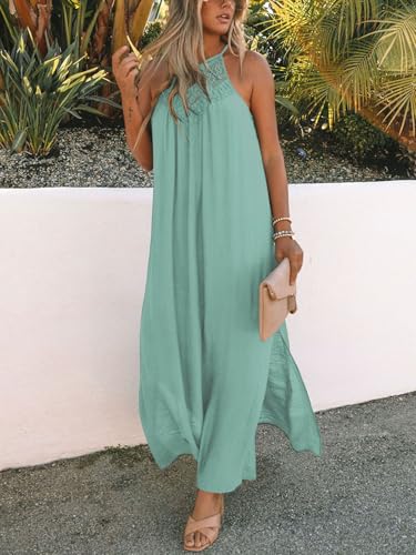 Image of FARORO Sleeveless Long Dress for Women Boho Halter Maxi Sundress Casual Loose Dresses Split Cover Up Gown with Pockets