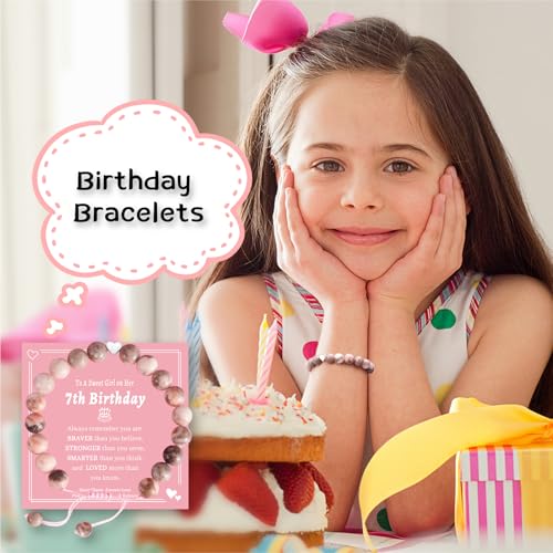 7 Year Old Girl Birthday Gifts, Affirmation Cards for Kids and Teen Girls,7th Birthday Gift Basket Ideas Present for Daughter Granddaughter Niece Little Sister Adjustable Stone Pearl Bracelet Socks3