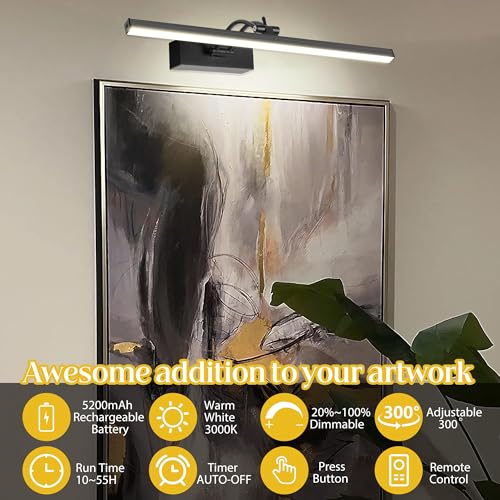 Image of 4 Pack Battery Picture Lights, 5200mAh Rechargeable Picture Lights with Remote Timer & Dimmable, CRI95+ 16 inch Adjustable Art Light for Paintings Display, Frame, Gallery, Wall Art Accent Light, Black