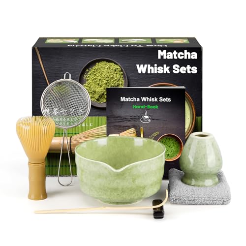 7 Pièces Matcha kit ceremonie japonais, Jaune Fouet matcha en résine, bol matcha, Pelle en bambo, Porte-Fouet, kit matcha complet, Coffret matcha, Tamis, serviette à thé, Vert