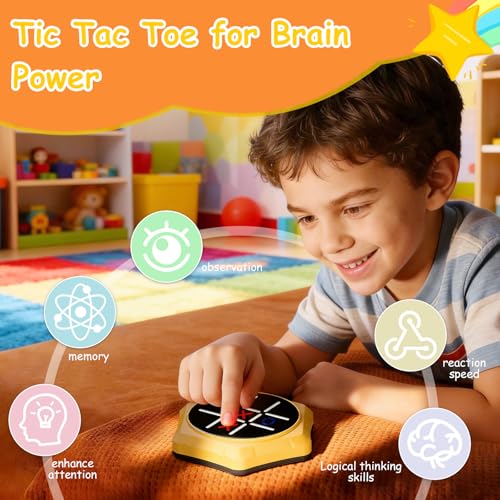 VDPDO Electronic Tic Tac Toe Game, 5-in-1 Electric Tic Tac Toe with Mute & Rechargeable - Handheld Travel Board Game for Kids Ages 4+, Adults, Family - Educational Learning Toy for Boys Girls, Yellow — view 2