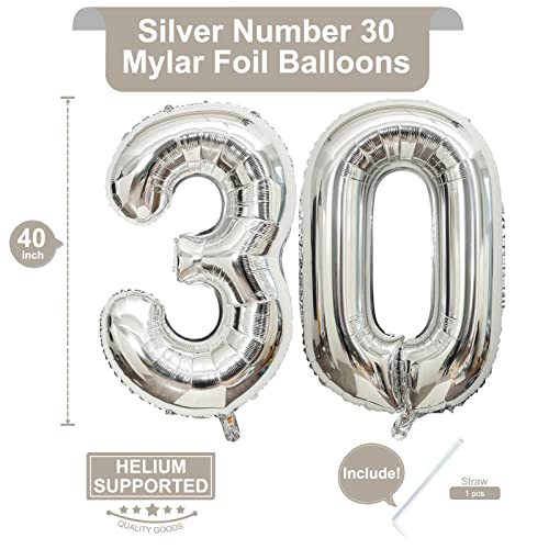 Image of 40 Inch Silver 30 Number Balloons Giant Jumbo Huge 30 Foil Mylar Helium Number Digital Balloons Silver Birthday Mylar Digital Balloons Dirty 30th Birthday Party 30th Anniversary Events Party