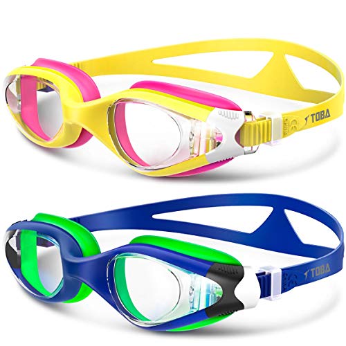 Kids Swim Goggles 2 Pack - Adjustable Strap Swimming Goggles with Clear Lens Fit Anti-Fog Waterproof 100% UV Protection for Child Teens Toddler Age (3-16) - Combo F