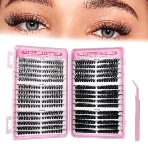 570 PCS D Curl Cluster Eyelash Extensions Individual Eyelash Set Natural Style Lashes 8-16mm Soft Fluffy Voluminous Comes with Tweezers