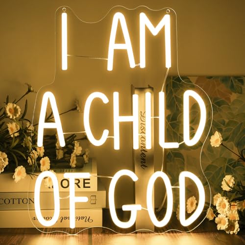 Image of I Am a Child of God Neon Sign Dimmable Neon Signs for Wall Decor LED USB Light Up Sign for Christian Wall Art Baptism Gifts Jesus Room Decor Toddler Little Girl Playroom Nursery Bedroom Classroom