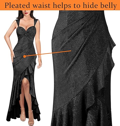 Image of VFSHOW Womens Glitter Sweetheart V Neck Twist Front Backless Ruched Ruffle Slit Formal Evening Gown Maxi Dress