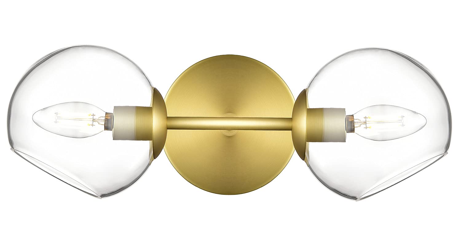 Linea di LiaraAngolo Gold Wall Sconce Lighting Fixtures Modern 2-Light Bathroom Vanity Wall Light Fixture for Hallway Bedroom Wall Lighting Globe Wall Sconce, Clear Glass, UL Listed