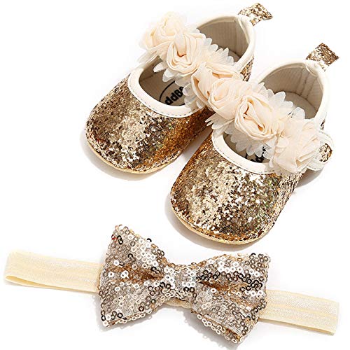 2pcs/Set Newborn Baby Girl Princess Mary Jane Shoes Toddler Infant Wedding Dress Flat Shoes with Unicorn Bow Headband (12-18 Months, C-Gold)