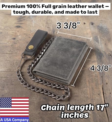 Image of F&L CLASSIC RFID Blocking Men's Tri-fold Vintage Biker Cowhide Leather Steel Chain Wallet,Snap closure,black charcoal, 315-900