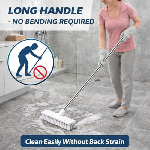 Image of Milton Bathroom Brush Floor Cleaning with Long Handle, 49 Inch Adjustable Scrub Brush with 3 Section Stainless Steel Rod Hard Bristle Tile Scrubber for Bathroom, Kitchen, Wall & Floor Cleaning Tool