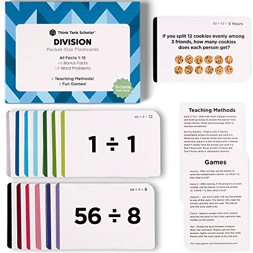 Think Tank Scholar Division Flash Cards (Award Winning) All Facts 1-12 Flashcards for Kids in 3rd, 4th, 5th, 6th Grade, Homeschool or Classroom - 6 Math Teaching Methods & 5 Games - Ages 8 and Up