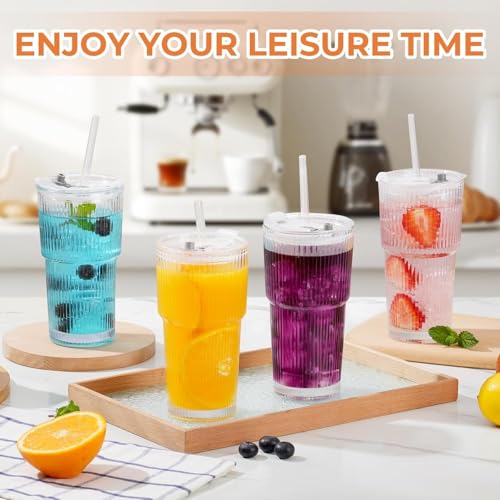 Image of FUNKYFINDS Ribbed Glass Cup with Lid and Straw 600ml, 1 PCS Glass Tumbler with Straw and Lid, Iced Coffee and Tea Cups Drinking Glasses for Juice Milk Water Lemon Soda, Beer Drinking Glasses