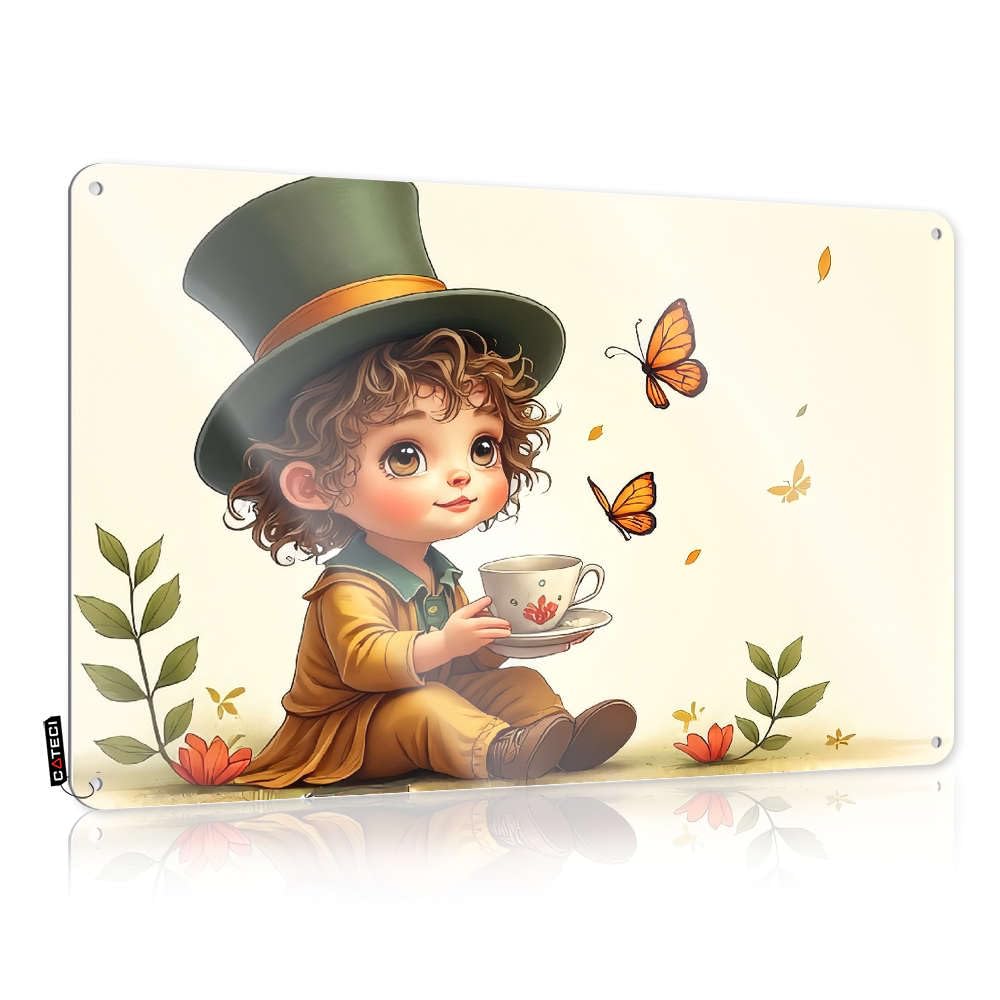 Sujd Women's Colour Whimsical Fairy Cottagecore Decor Tinplate Sign For Metal Letters Wall - Garage Hanging Pre-Drilled & Vintage | Western Spurs : A Child In Top Hat Holds Cup With Butterflies