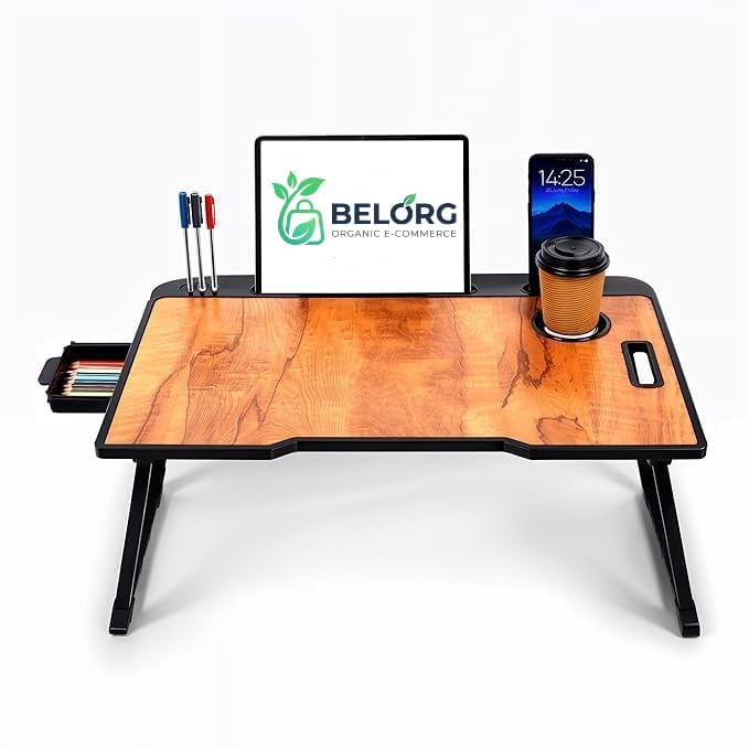 Image of Wood Smart Multipurpose Foldable Laptop Table with Cup Holder, Study Table, Bed Table, Breakfast Table, Foldable and Portable /Ergonomic & Rounded Edges /Non-Slip Legs (BROWEN)