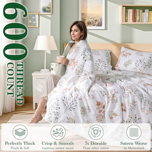 Shilucheng 100% Cotton Floral Duvet Cover King Size - 600 Thread Count, Breathable & Cooling Comforter Cover with Zipper Closure,Hotel Bedding Duvet Covers 3 Piece (Qinyuan Spring & Green)