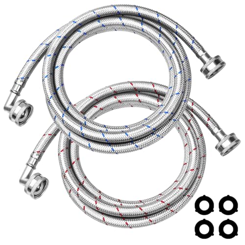 6Ft Stainless Steel Washer Hose with 90 Degree Elbow by Puxyblue for All Washers - 2 Pack Burst Proof Red and Blue Braided Hoses for Hot and Cold Water Supply - 10 Years Warranty