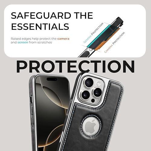Image of PULOKA Chrome Leather Back Case - Compatible with iPhone 16 Pro- Luxury Bumper Case - Flexible Vegan Leather - Electroplated Sides & Logocut - Full Camera Protetection & Raised Edges - Black
