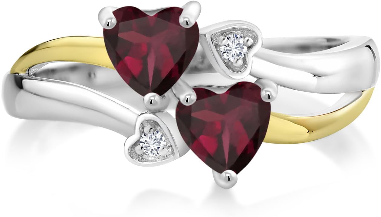 Gem Stone King 925 Silver and 10K Yellow Gold Red Rhodolite Garnet and White Lab Grown Diamond Ring For Women (1.12 Cttw, January Birthstone, Heart Shape 5MM)