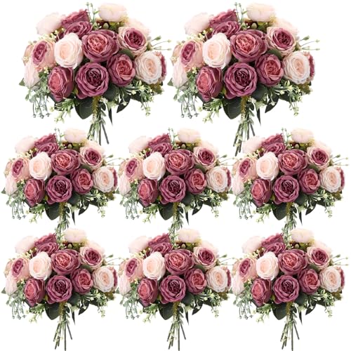 Geosar 8 Bundles Artificial Peonies Flowers Fake Silk Peony Bouquet Faux Peonies Flowers Bulk for Decoration Vase Floral Arrangements Wedding Party Table (Dusty Pink,Dusty Rose)