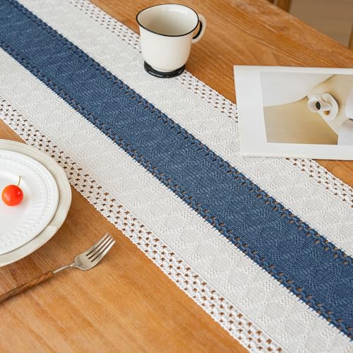 Image of FEXIA Boho Blue Table Runner 60 Inches Long with Tassels Macrame Farmhouse Summer Style Graduation Party Rustic Wedding Baby Shower Dining Kitchen Living Room Decor (12x60 Inches)