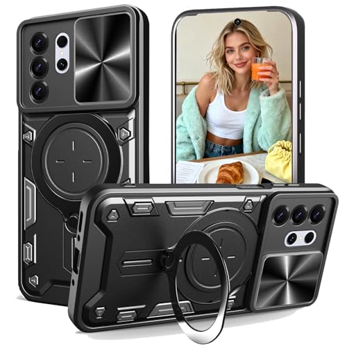 Fofvccv for Samsung Galaxy S26 Ultra Rugged Case with Slide Camera Lens Cover, Shockproof Protective Phone Case with Magnetic Ring Kickstand, Anti-Slip Full Body Cover for Galaxy S26 Ultra - JS Black