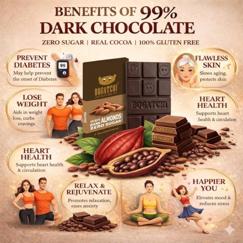 Image of BOGATCHI Premium 99% Dark Chocolate with Almonds, 60g | Intense Real Cocoa Dark Chocolate Bar | Rich Antioxidant Gourmet Chocolate | Roasted Almonds | No Artificial Flavours | Indulgent Healthy Snack