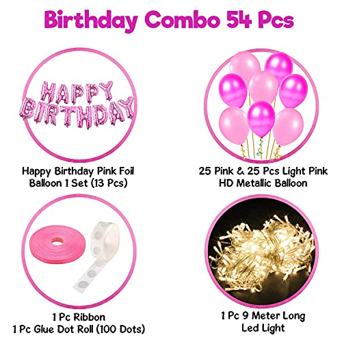 Image of Party Propz Happy Birthday Decorations For Girls Combo Set- Pink Metallic Balloons, Happy Birthday Foil Balloon, Fairy Light, Glue Dot - Girls, Women, 1st, 2nd, 3rd, 4, 5,6th - 54Pcs