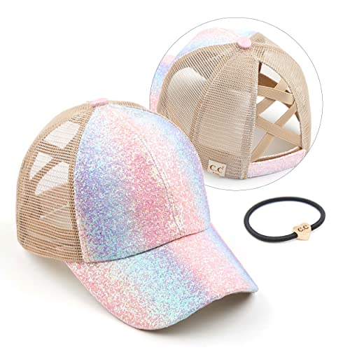 C.C Ponycap Messy High Bun Ponytail Adjustable Glitter Mesh Trucker Baseball Cap
