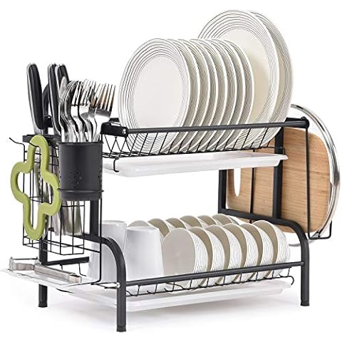TOMORAL Dish Rack, 304 Stainless Steel 2 Tier Dish drying Rack with Drain Board, Utensil Holder, Cutting Board Holder, Rustproof Dish Drainer for Kitchen Countertop, (Black) Cover