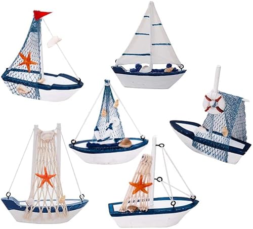 IHONYI 6pcs Modèle de voilier Décoration Artisanale Bateau de pêche en Bois Jouet de Marine Ornements de Table pour l'anniversaire Décoration d'intérieur Cover