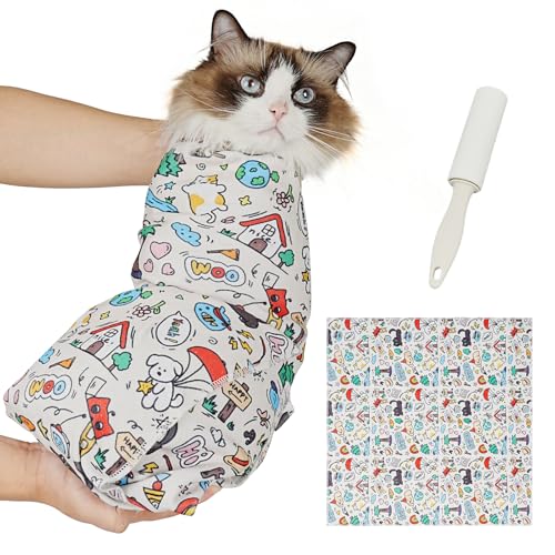 Image of Supet Cat Grooming Wrap for Cutting Nails, 2026 Self-Adherent Cat Wrap, Anti-Escape Calming Cat Swaddle Wrap for Medicine, Nail Clipping, Teeth Brushing, Ear Cleaning (Cartoon, L)