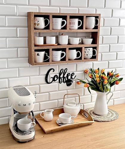 Image of Hamdan Collection Wall Mounted Mug Shelf - Coffee Cup Storage - Kitchen Wall Rack - Floating Cup Organizer - Rustic Coffee Bar Shelf (9 Comp)