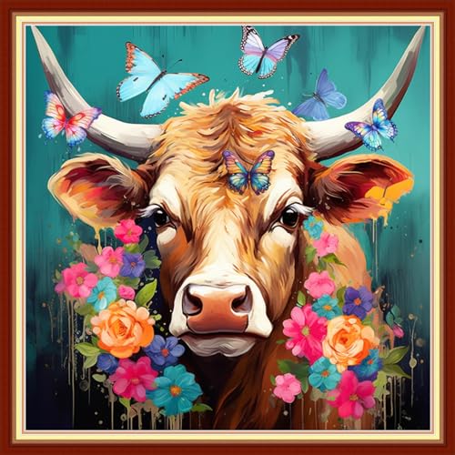 Image of Disxvivy Cross Stitch Stamped Full Embroidery Kits DIY 11CT Cotton Thread Printed DIY Needlepoint Kits Craft Needlework Set Cross-Stitch Stamped Sets-Colored Cow Flower 18x18 inch