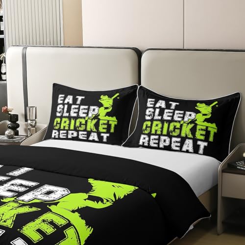 Homewish Boys 100% Cotton Duvet Cover Single,Fluorescent Green Cricket Bedding Set for Kids,Eat Sleep Cricket Comforter Cover,Sports Cricket Player Bed Sets with 1 Pillowcase - Image 4