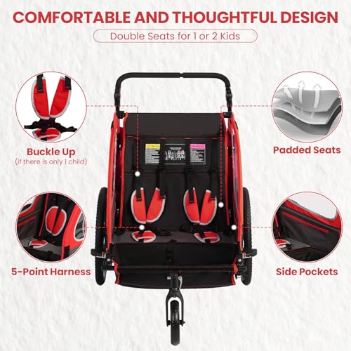 Image of Sepnine Kids Bike Trailer, 2 in1 Canopy Carrier Converts to Pushcart Suitable for 1 to 2 Toddlers, Kids, Quick Attach to Bike, Foldable, with 5-Point Harness and Storage Bags