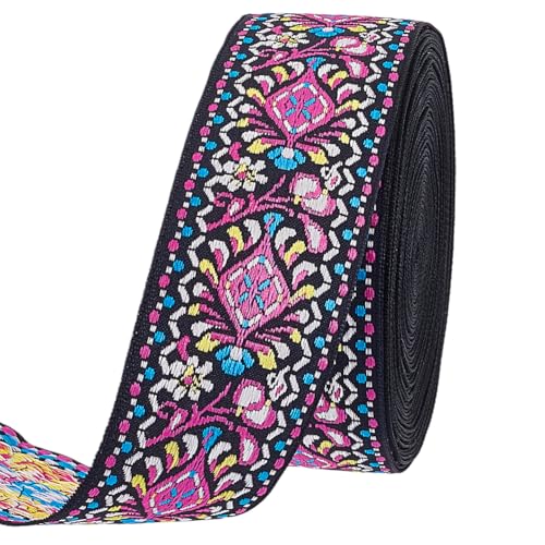PH PandaHall 9.14m Nastro Jacquard Vintage Nastro Etnico Ricamato, 4cm Bordatura in Tessuto Floreale Ricamato per Decorazione Borse Abbigliamento Mobili, Fucsia