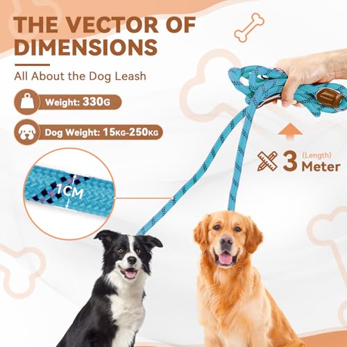 Hundeleine 3 M Verstellbare Schleppleine für Mittel- & Großhunde(20-60kg), Reflektierende Freihandleine mit 2 Karabiner, Doppelleine aus Robustem Nylon, 200 kg Extreme Kraft