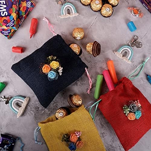 Image of Unisex Colored Jute Potli With Multicolour Flower Jute Linen Potlis | 6 x 5 inches | Gift Bags for Return Gifts Bags| Jute Linen,Burlap