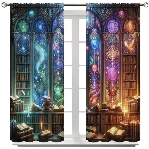 AuiMzoo Stained Glass Modern Curtains, Vintage Bookshelf Glass Printed Fantasy Themed Window Treatments, Bedroom Living Room Decor Noise Reducing Curtains42X45 Inch